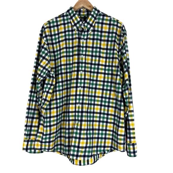 Izod Button Down Shirt Mens L Yellow Blue Plaid 100% Cotton Preppy Country Club - Picture 1 of 6